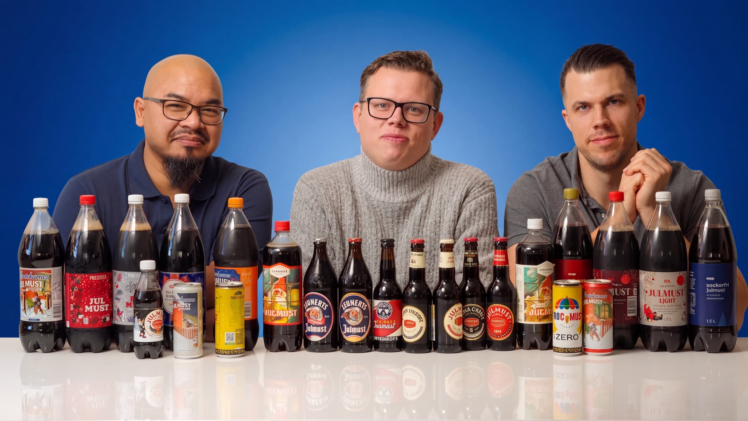 Thomas, figgehn och Acai bakom ett långt led av julmustflaskor inför kanalens stora blindtest.